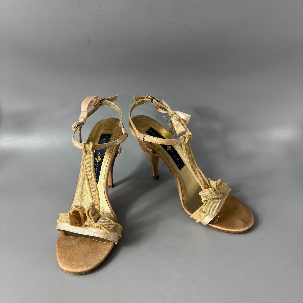 Patrick Cox Brushed Gold and champagne T-strap Heel Sandals, Size 37